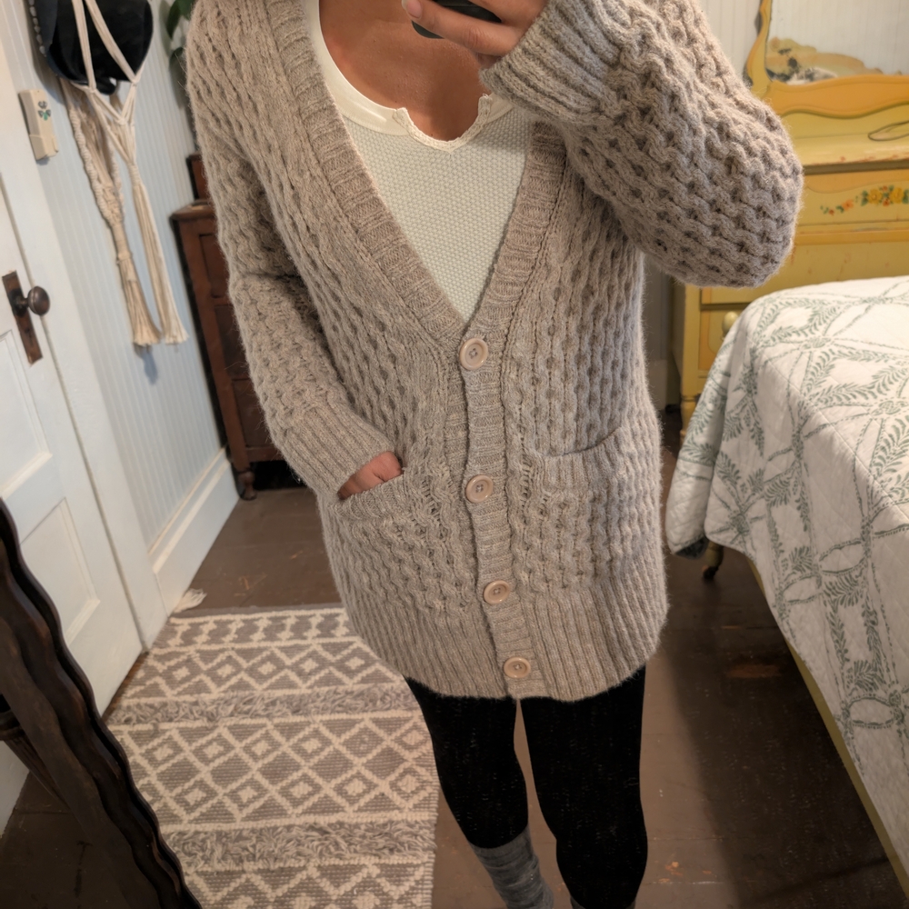 Margaret O'Leary Beige Taupe Alpaca Chunky Cable Knit Cardigan Sweater